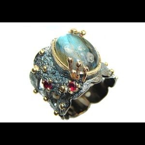 Silky Fire Labradorite 2 tones SS handmade ring